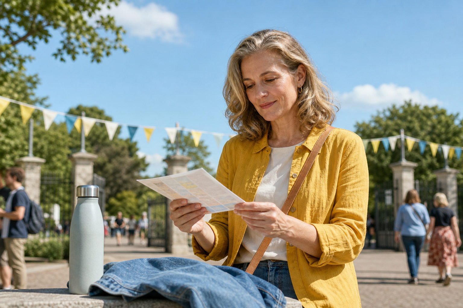 Besucherin plant mit Programm, Trinkflasche und Jacke einen entspannten Kulturtag