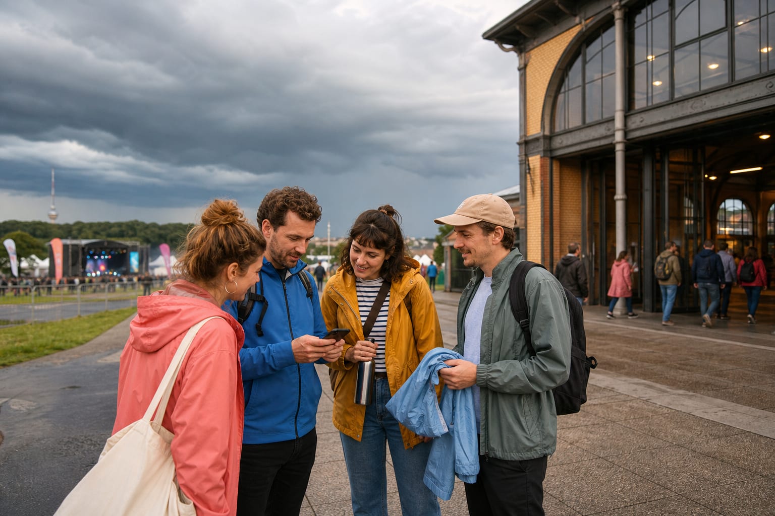 Freunde prüfen vor einem Open-Air gemeinsam Wetterwarnung, Regenschutz und einen nahen Schutzort