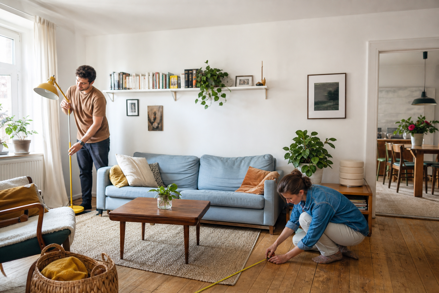 Zwei Menschen ordnen ein helles Wohnzimmer mit vorhandenen Möbeln neu